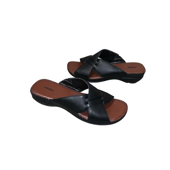 AirStep Black Leather Slide Sandals Women’s Comfort Slip On Wedge Size 9W - Picture 4 of 11